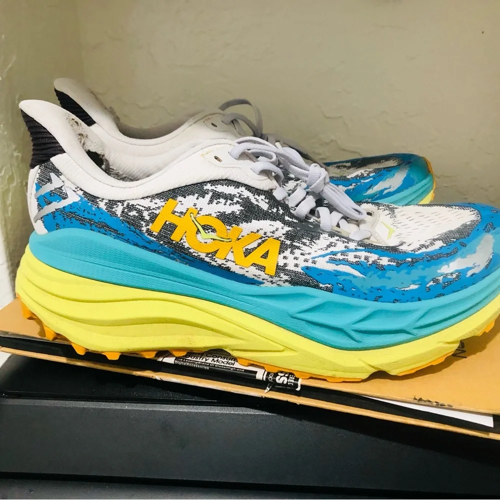 Hoka Clifton-style Running Shoes in Blue, Yellow & White - Picture 1 of 7